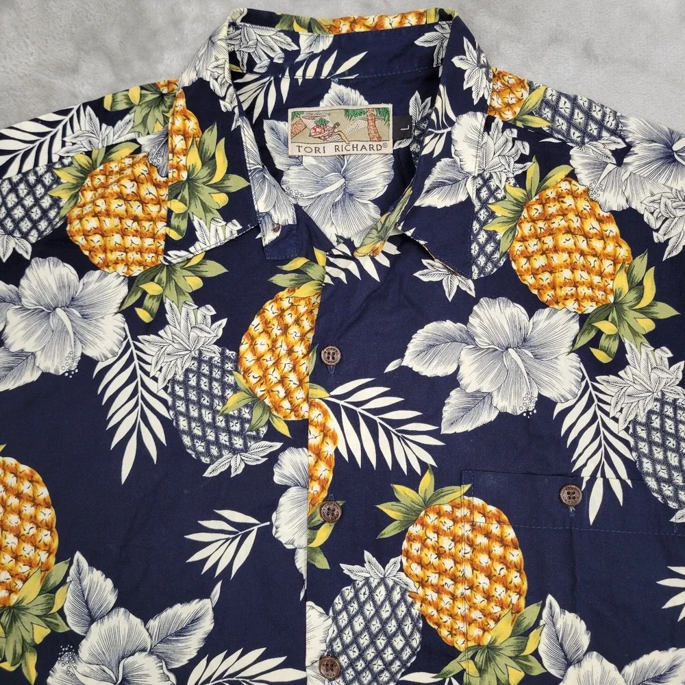 Tori Richard Mens L Hawaiian Tropical Floral Pineapple Print Short Sleeve Shirt
